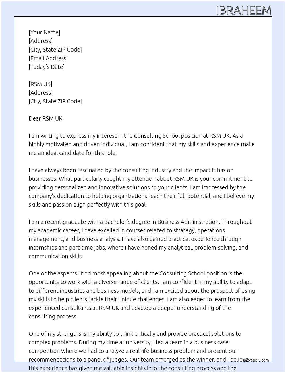 Consulting School At RSM UK Cover Letter