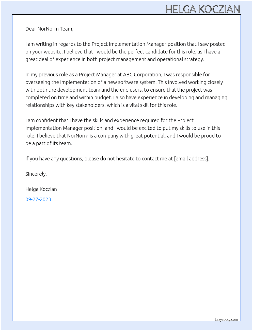 Project Implementation Manager  At NorNorm Cover Letter