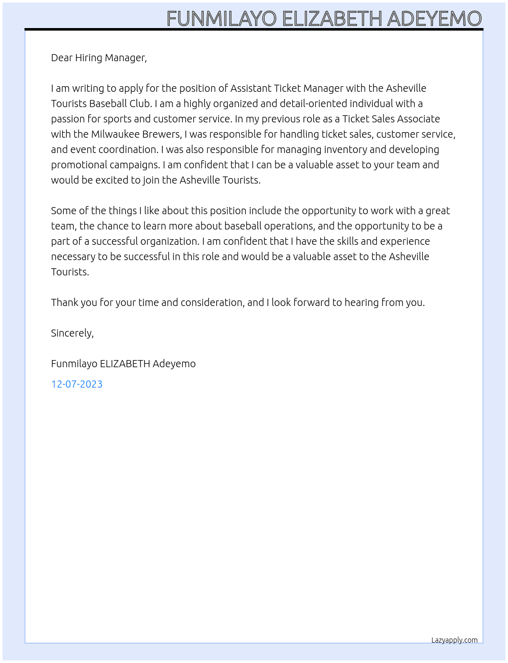 2024 Assistant Ticket Manager  At Asheville Tourists Baseball Club  Cover Letter