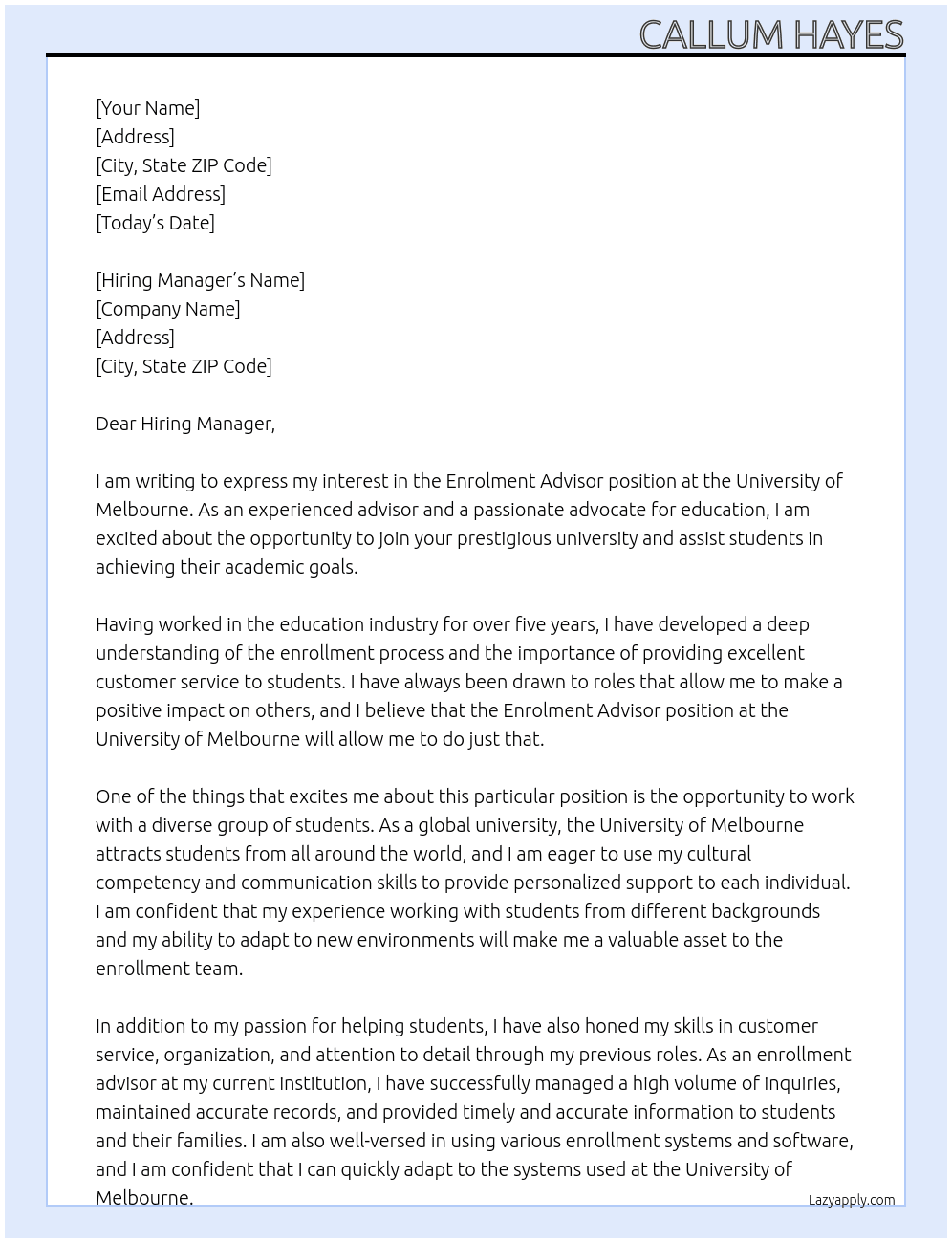 Enrolment Advisor At University of Melbourne Cover Letter