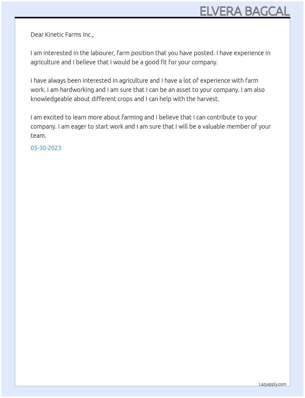 Labourer, farm At KINETIC FARMS INC. Cover Letter