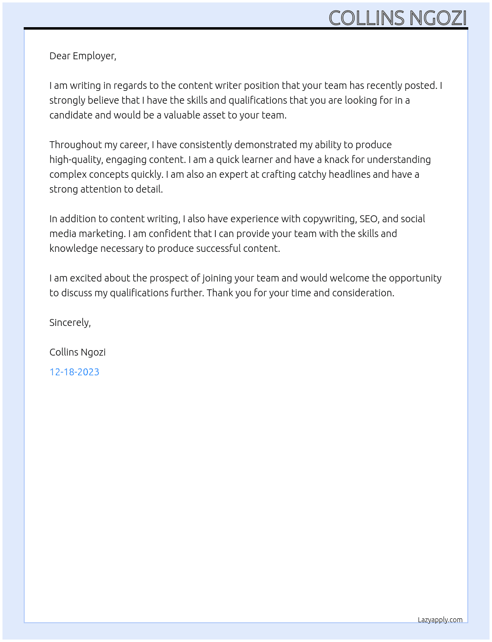 Content Writer At Your team Cover Letter