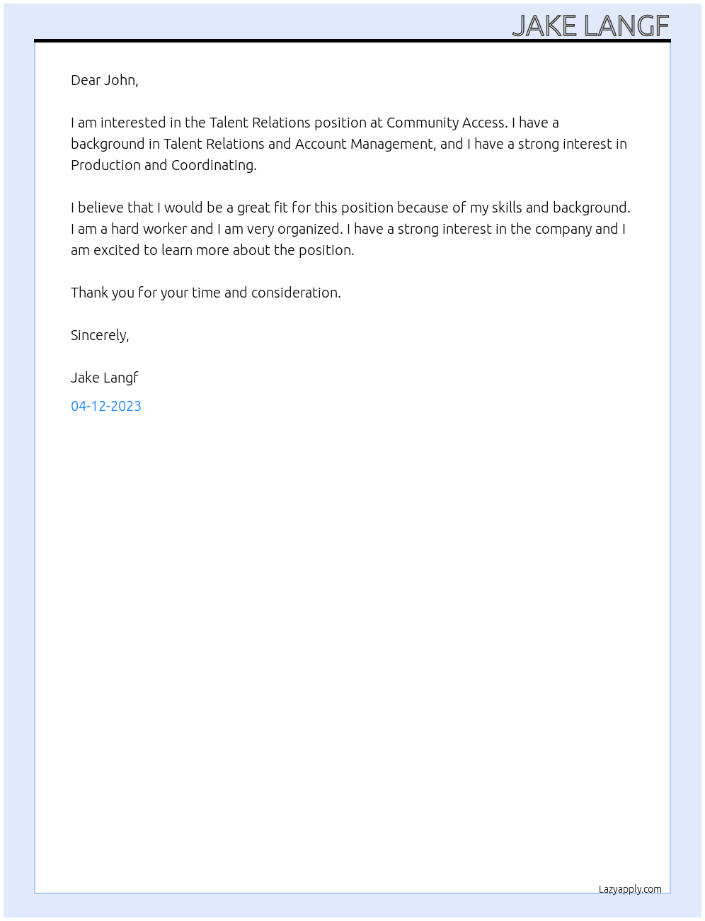 Talent Relations At Community Access Cover Letter