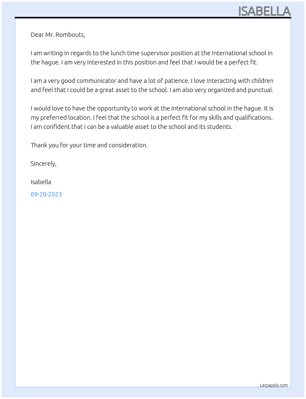 Lunch time supervisor At International school in the hague Cover Letter