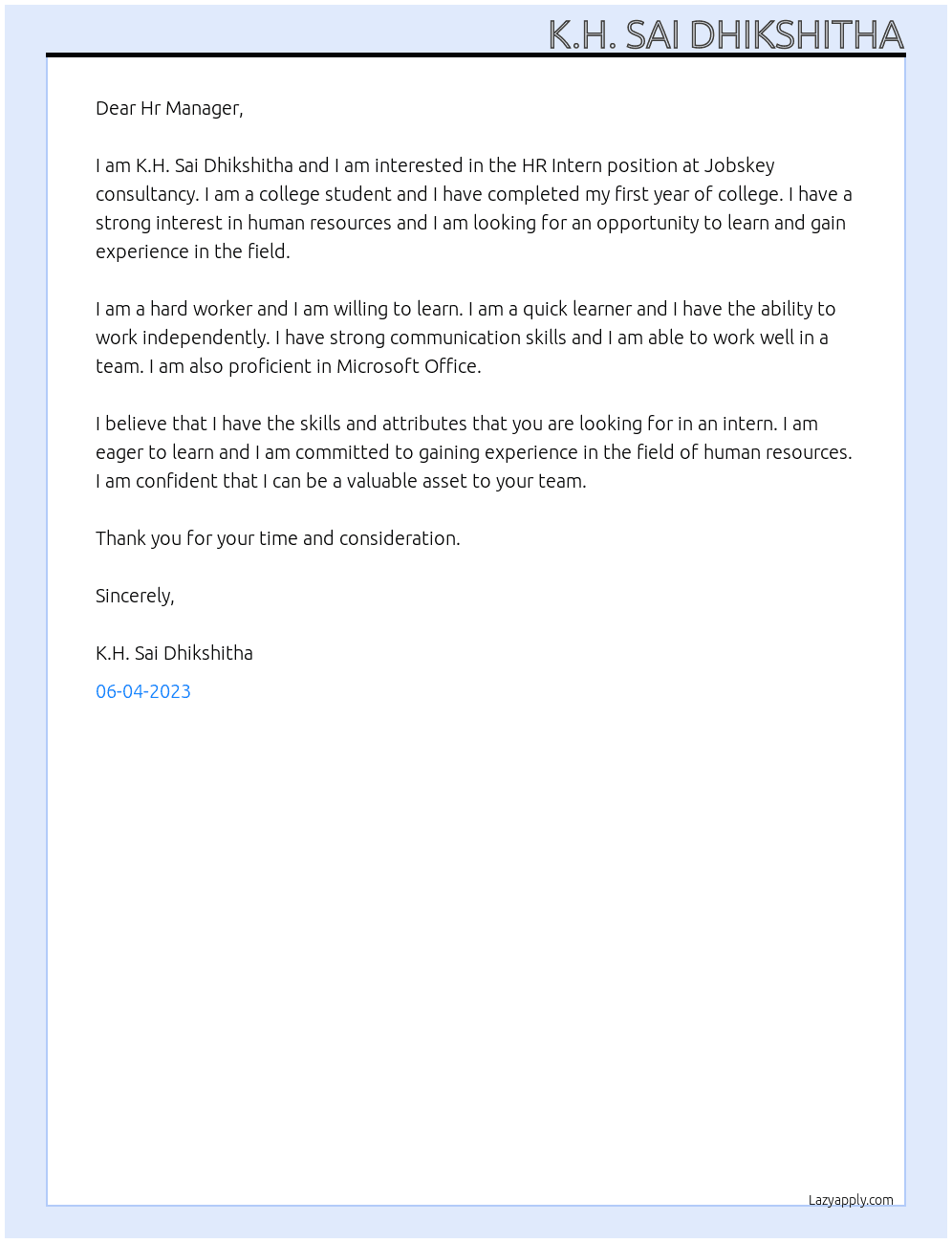 HR Intern At Jobskey consultancy Cover Letter