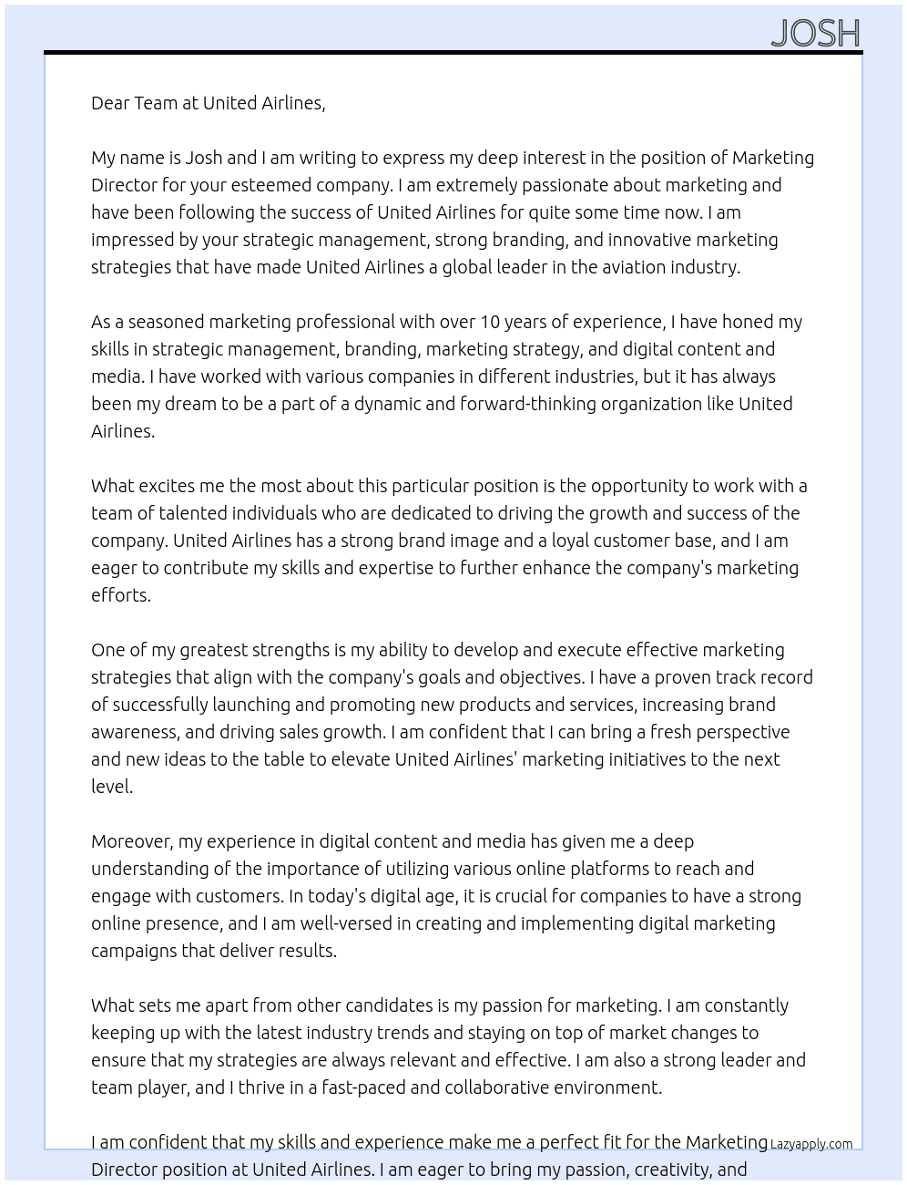 Marketing Director At United Airlines Cover Letter