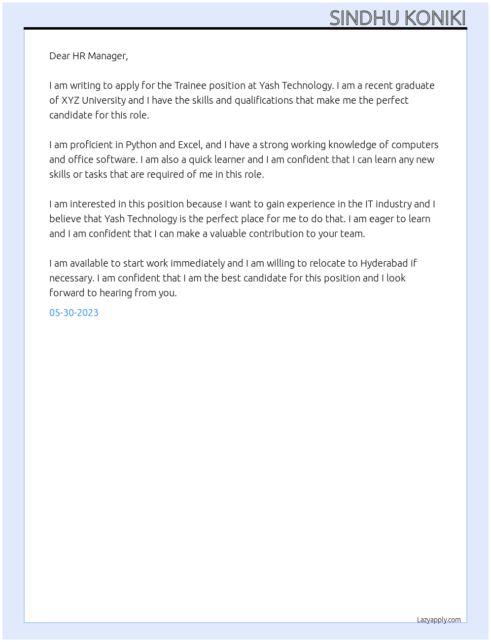 Traniee At Yash technology  Cover Letter