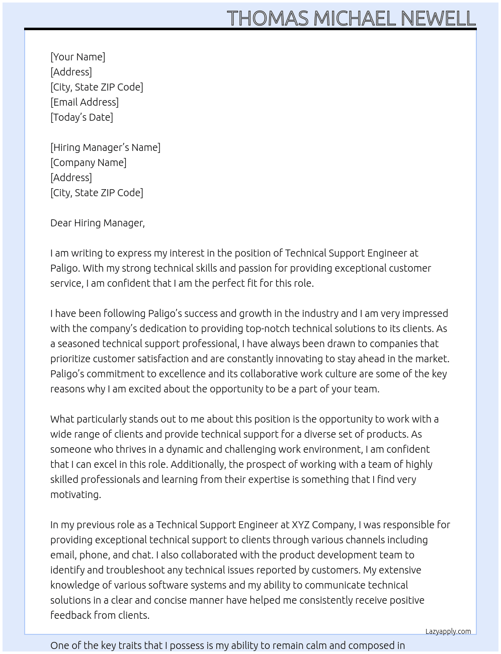 Technical Supporr Engineer  At Paligo Cover Letter