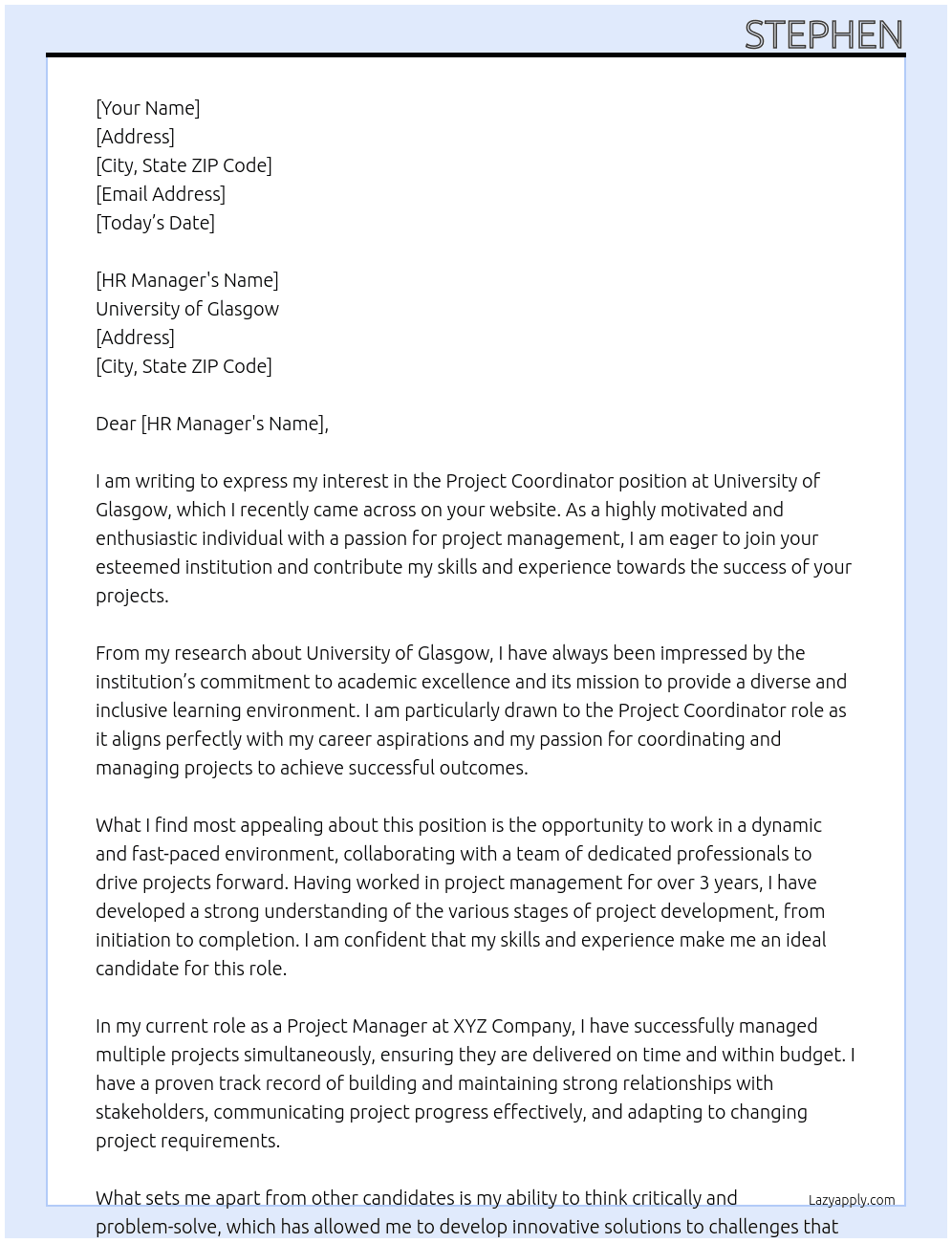 Project coordinator At University of Glasgow Cover Letter