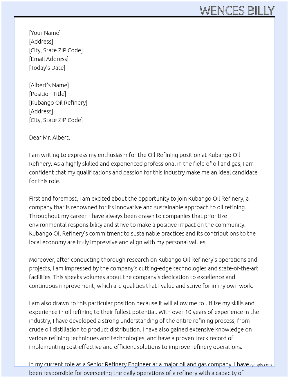 Oil Refining At Kubango Oil Refinery Cover Letter