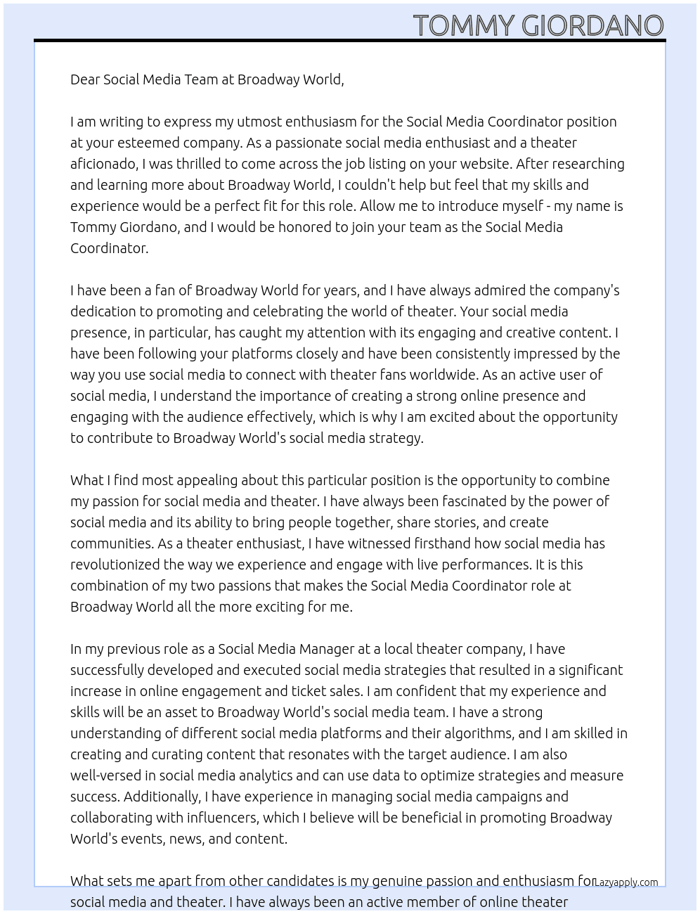 Social Media Coordinator At Broadway World Cover Letter