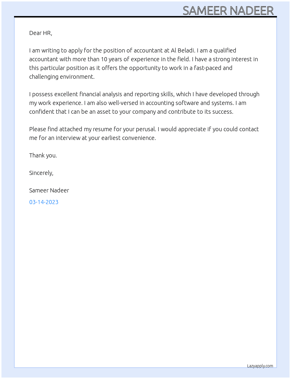 Accountant  At Al beladi  Cover Letter