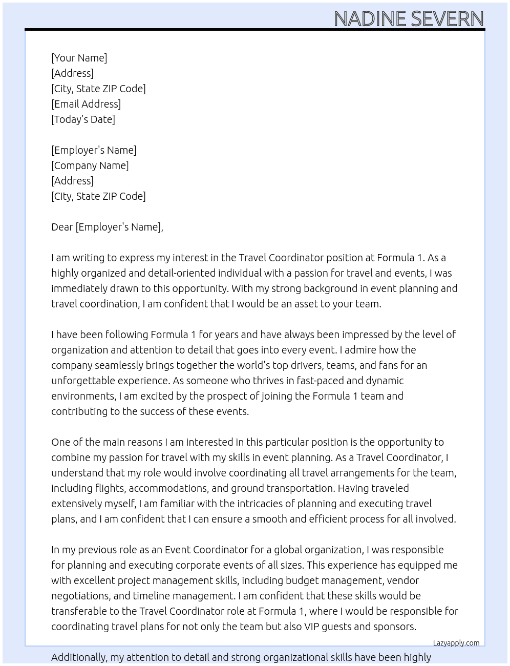 Travel Coordinator At Formula 1 Cover Letter