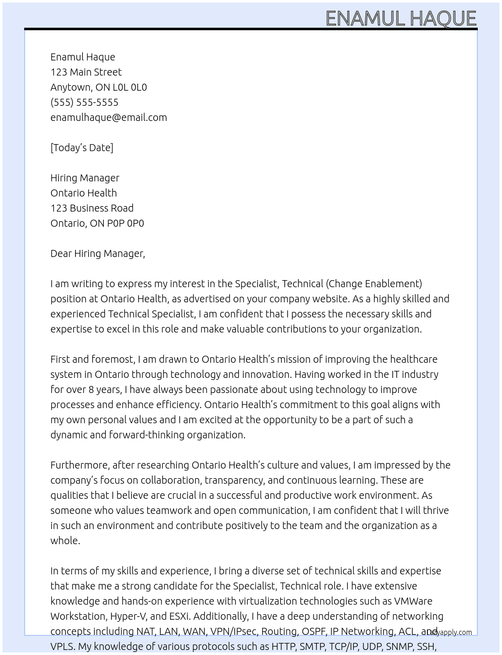 Specialist, Technical (Change Enablement) At Ontario Health Cover Letter
