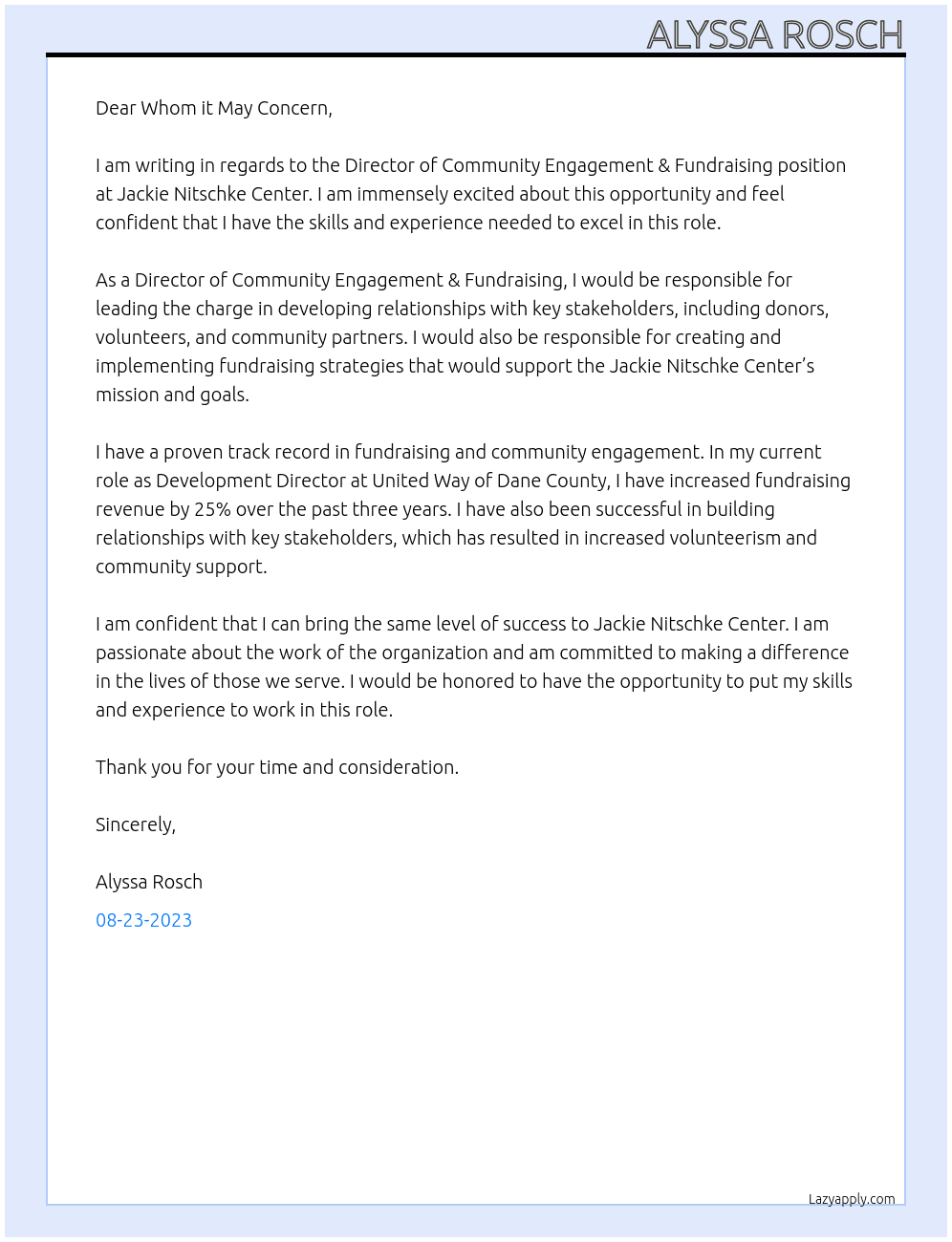 Director of Community Engagement & Fundraising At Jackie Nitschke Center Cover Letter
