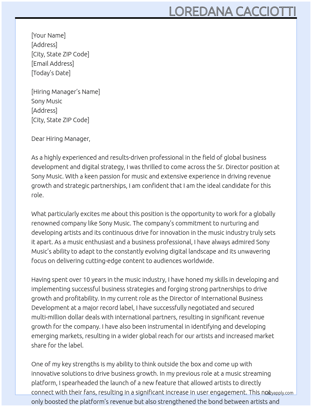 Sr. Director, Global Business Development & Digital Strategy At Sony Music Cover Letter