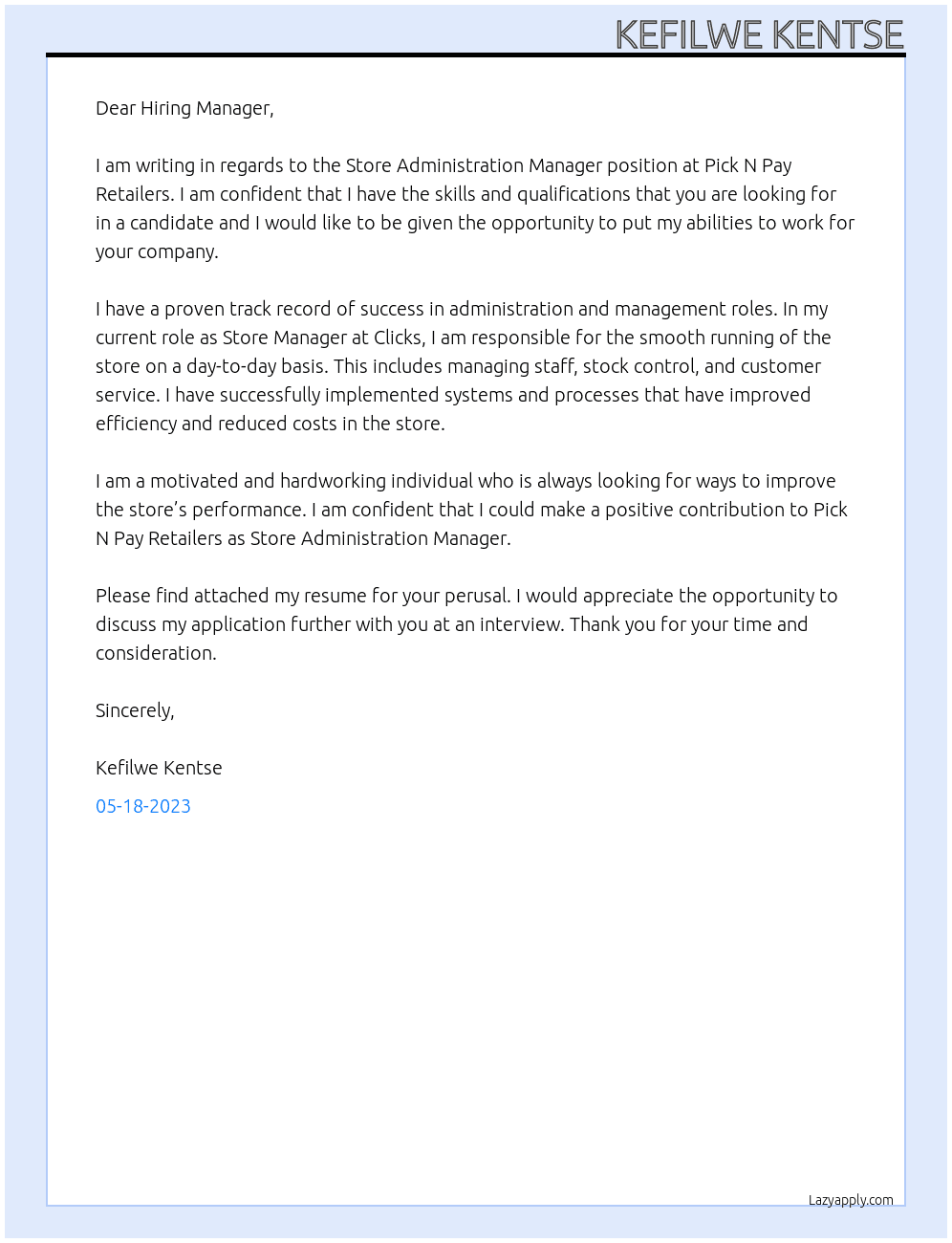 store administration manager At Pick N Pay Retailers Cover Letter