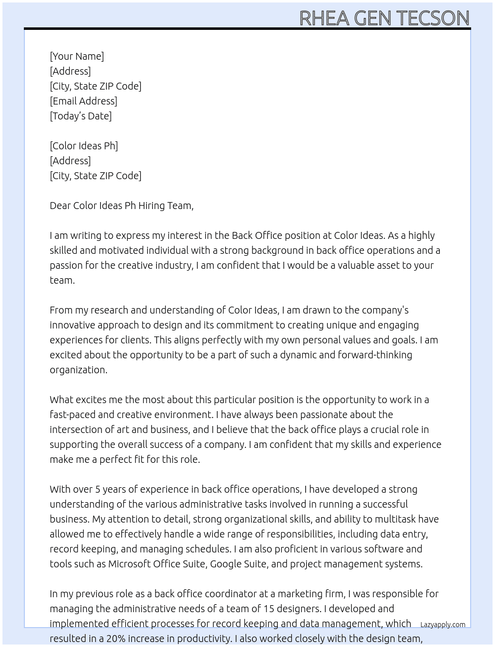 Back office At Color Ideas Cover Letter