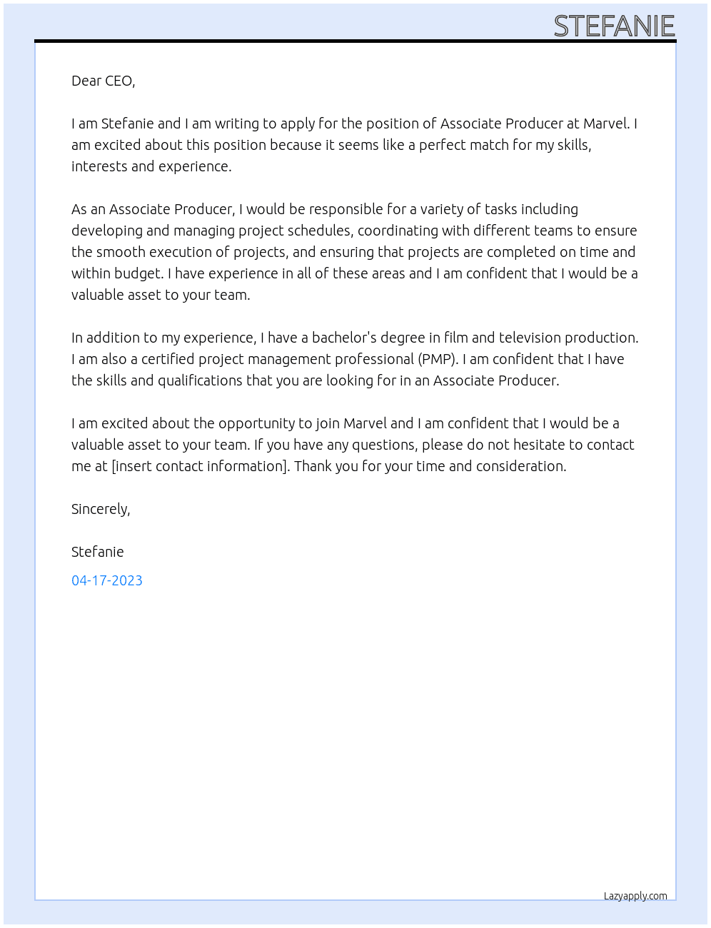 Associate Producer At Marvel Cover Letter