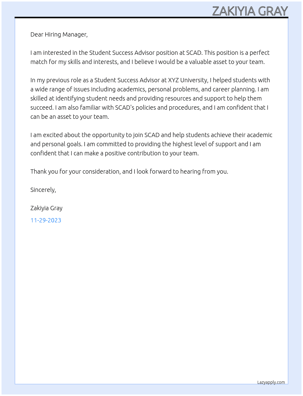 Student Success Advisor At SCAD Cover Letter
