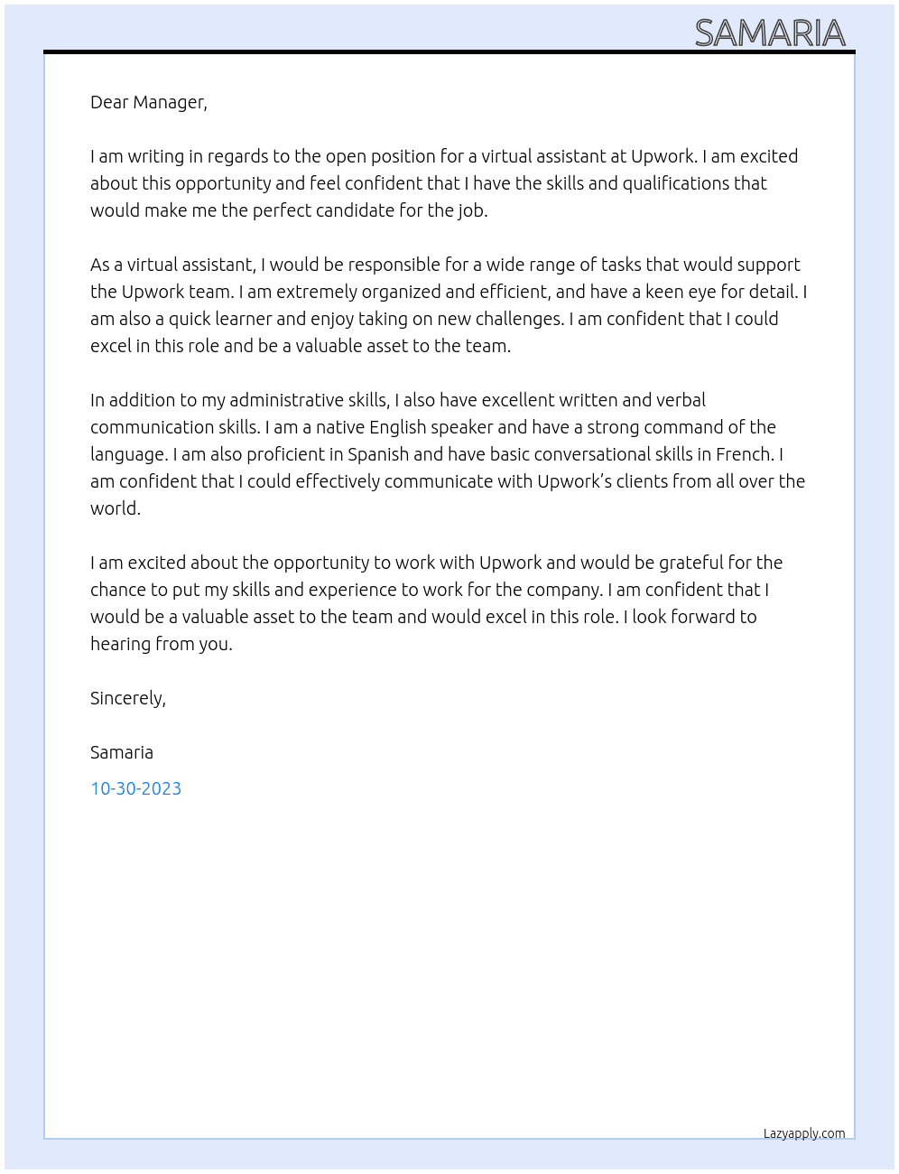Virtual Assistant  At Upwork position Cover Letter