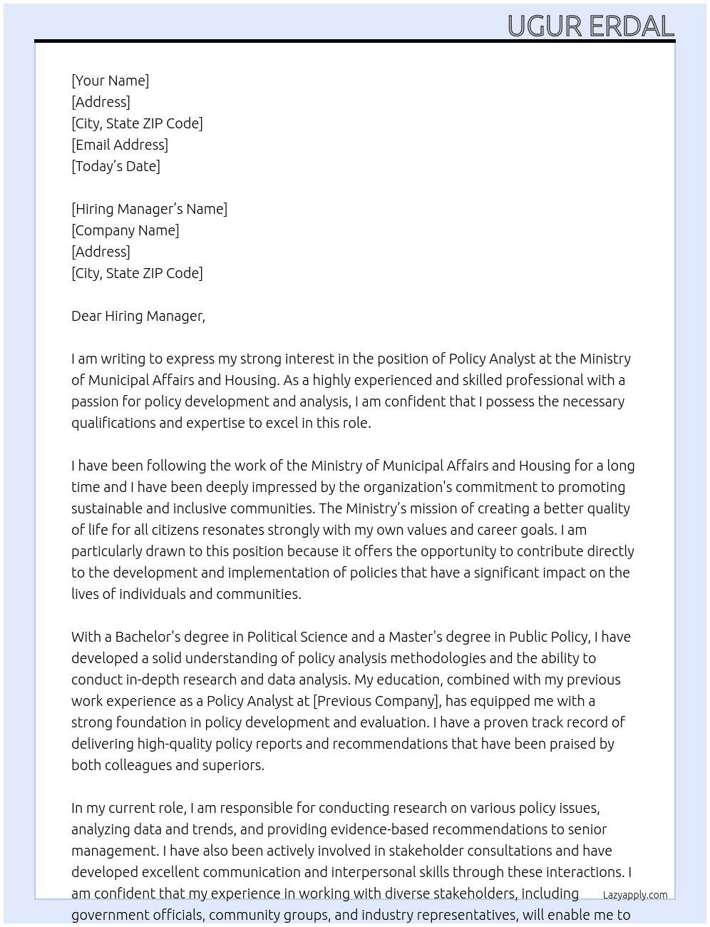  Policy Analyst  At Ministry of Municipal Affairs and Housing Cover Letter