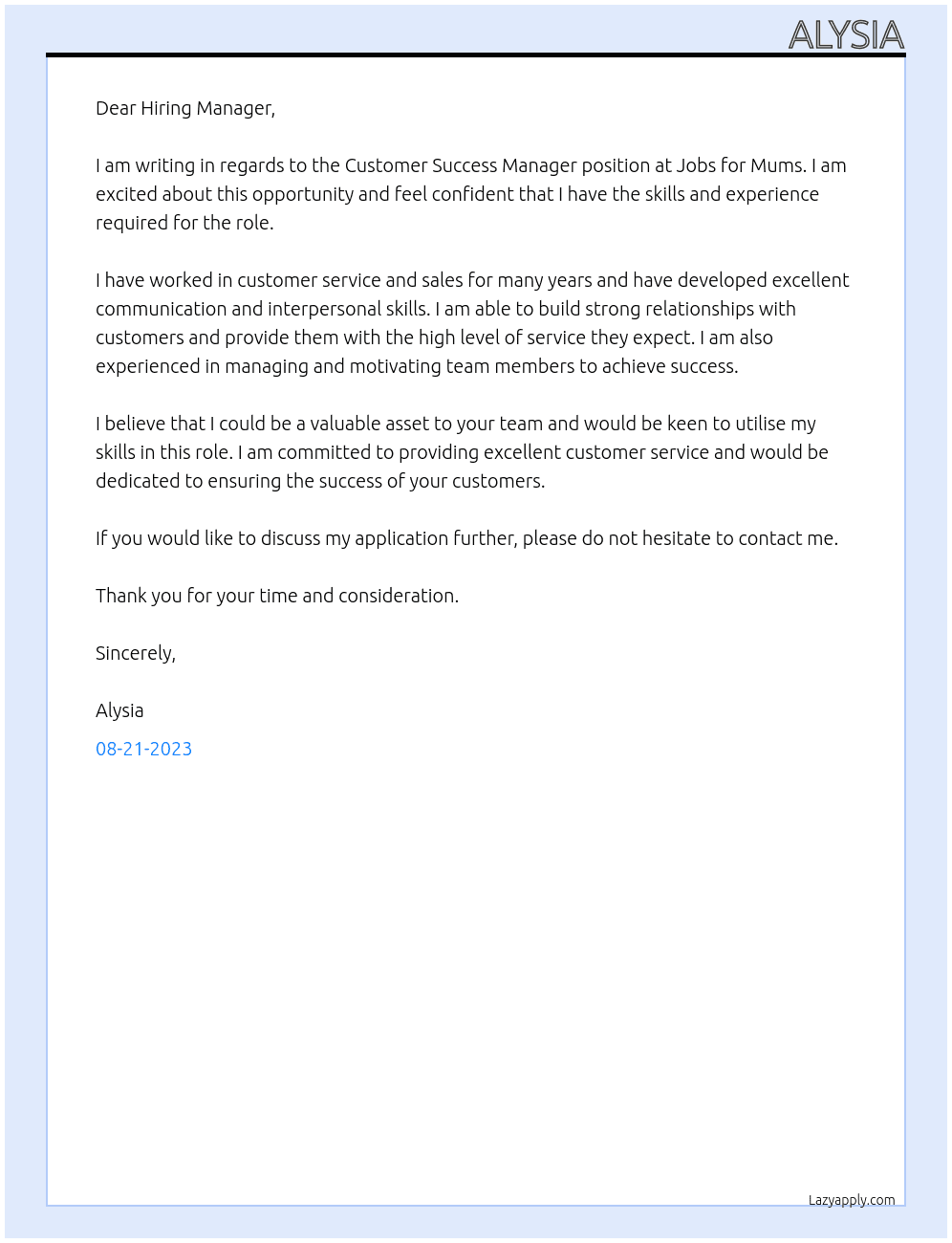 Customer Success Manger At Jobs for mums Cover Letter