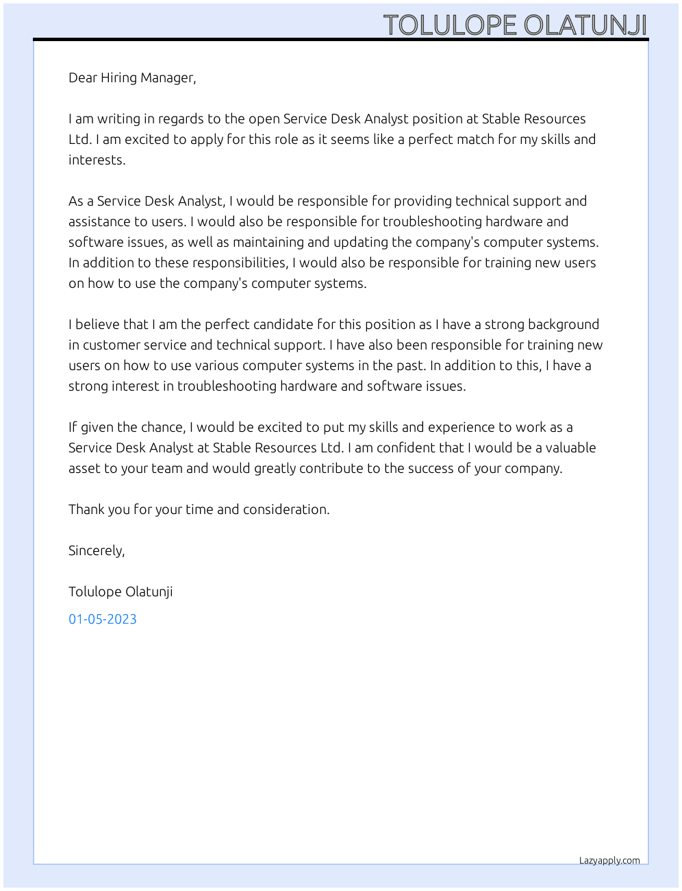 Service Desk Analyst At Stable Resources Ltd Cover Letter