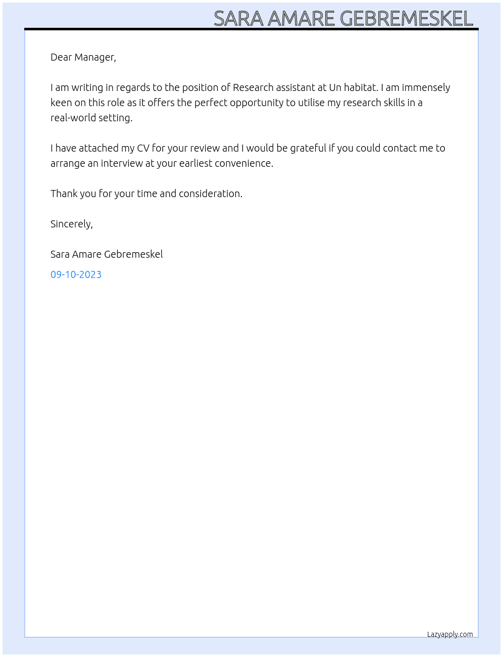 Research assistant  At Un habitat  Cover Letter