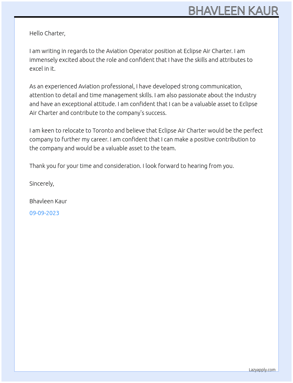 Aviation operator At Eclipse air charter Cover Letter