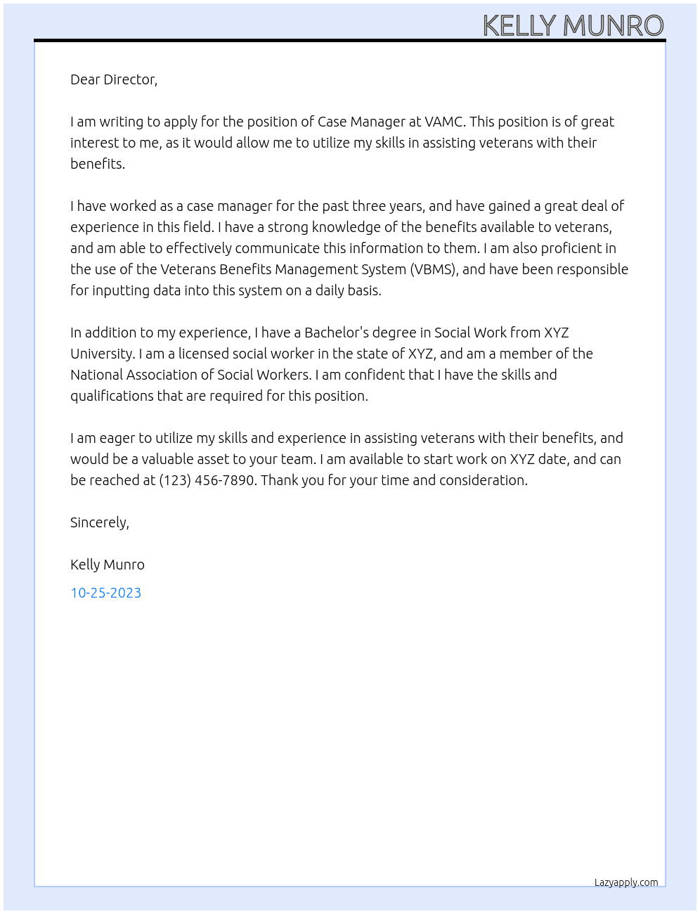 Case Manager At VAMC Cover Letter