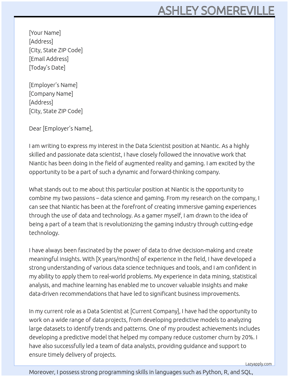 Data Scientist At Niantic Cover Letter