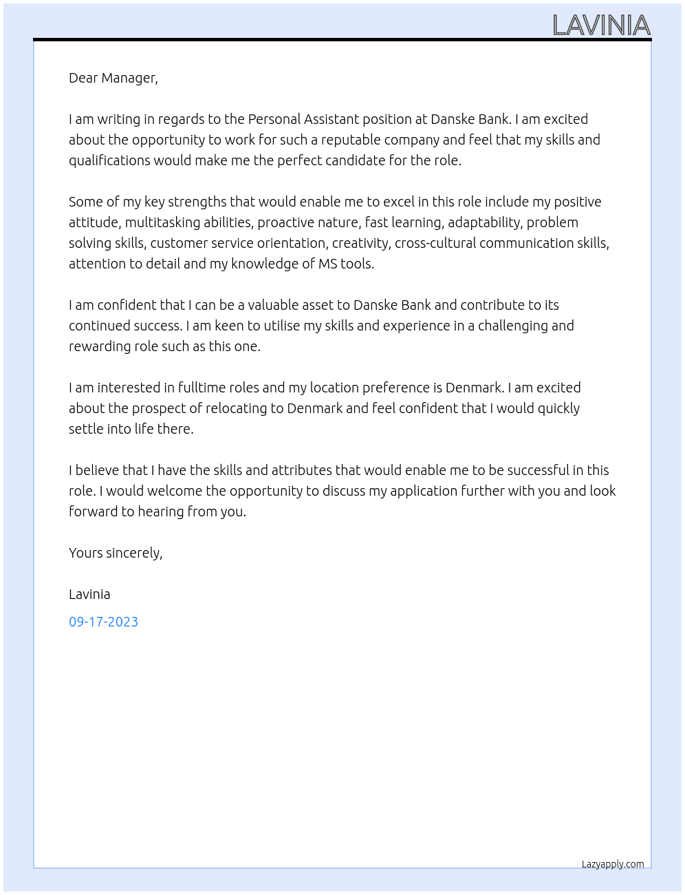 Personal Assistant At Danske Bank Cover Letter