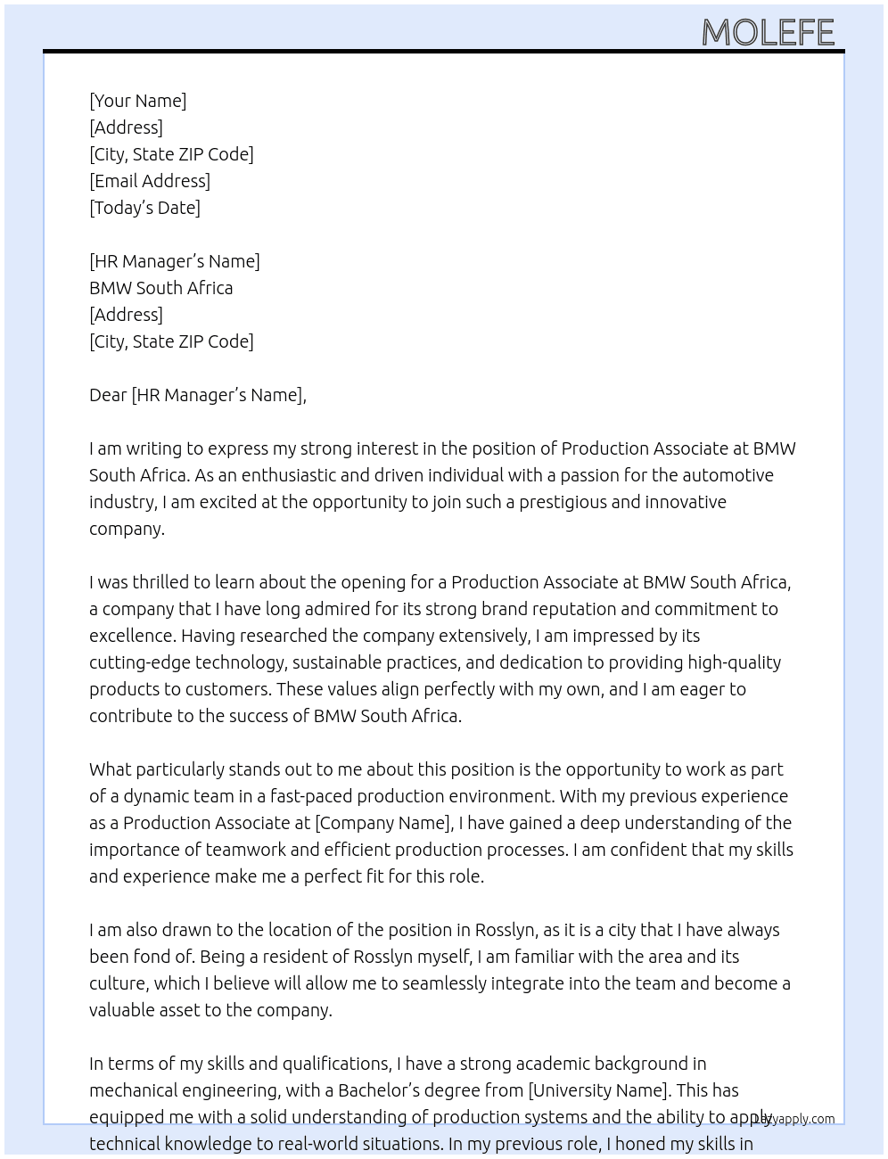Production Associate  At Bmw South Africa  Cover Letter
