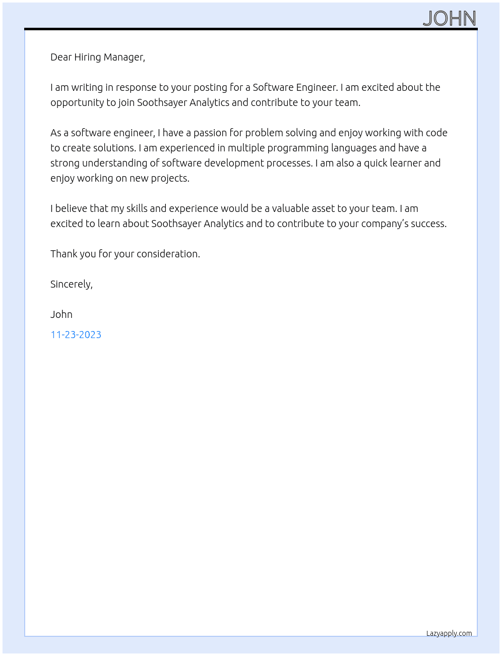 Software Engineer At Soothsayer Analytics Cover Letter