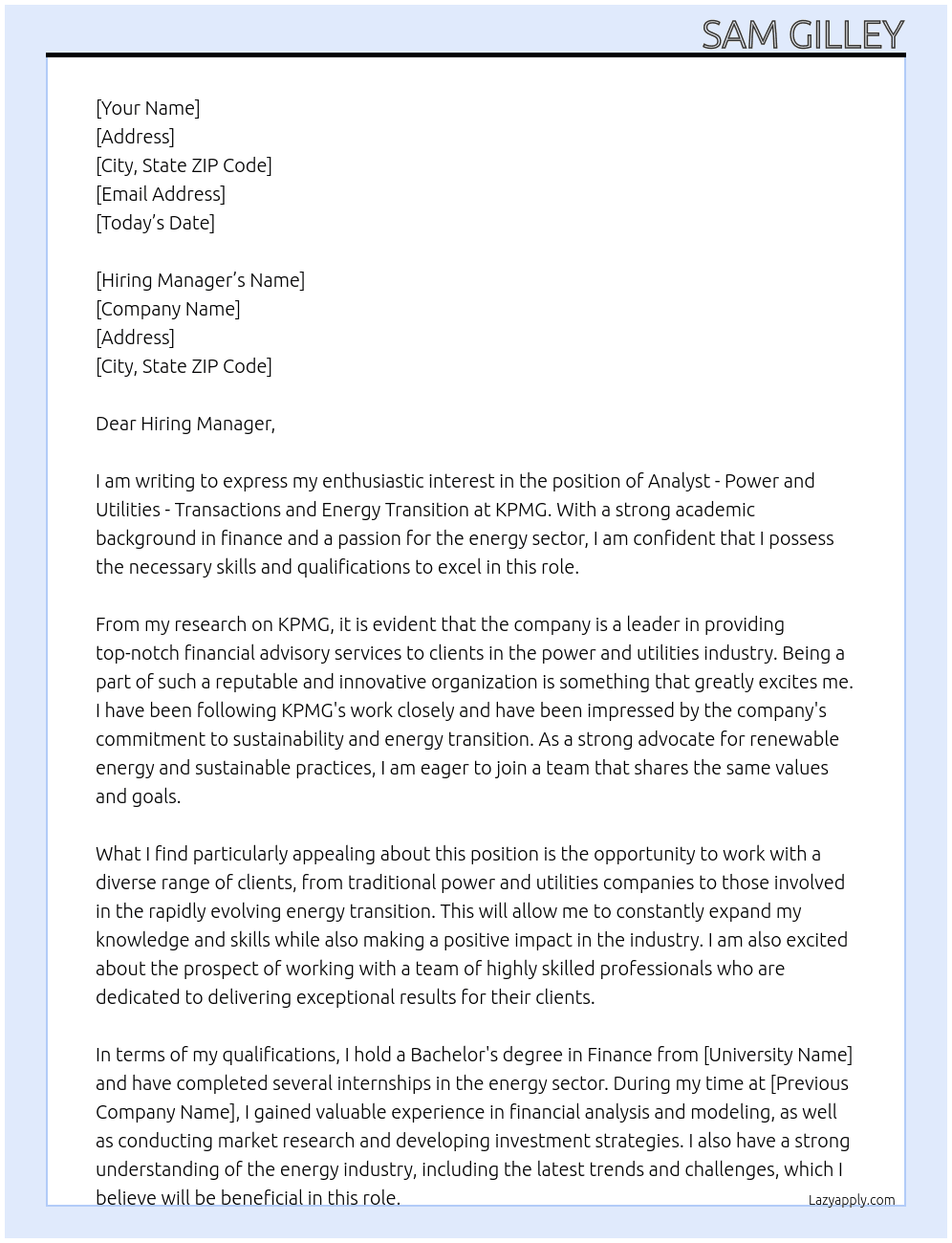 Cover letter for analyst - power and utilities - transactions and energy transition - LazyApply