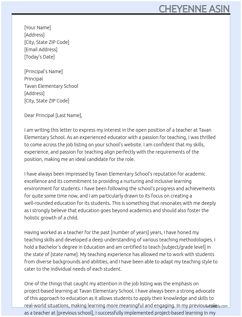 teacher At tavan elementary school Cover Letter