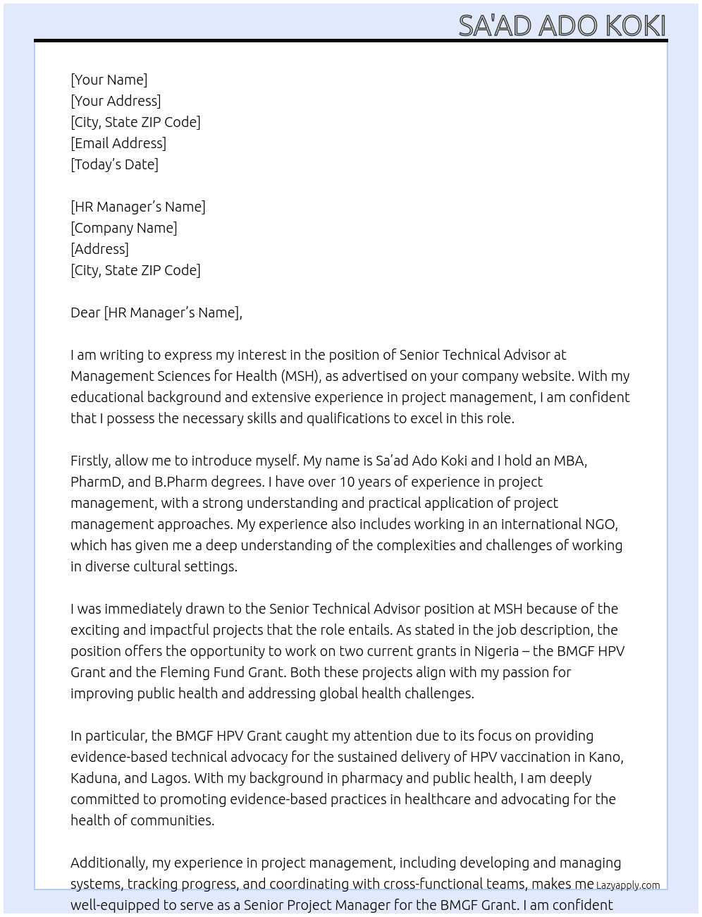 Cover letter for senior technical advisor - LazyApply
