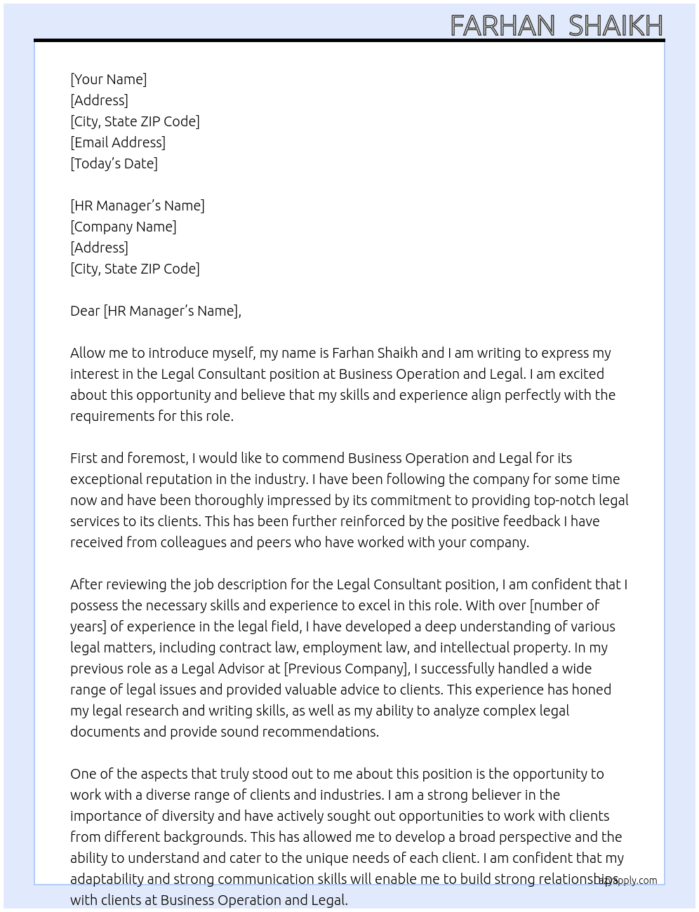 Legal consultant At Bussiness operation and legal Cover Letter