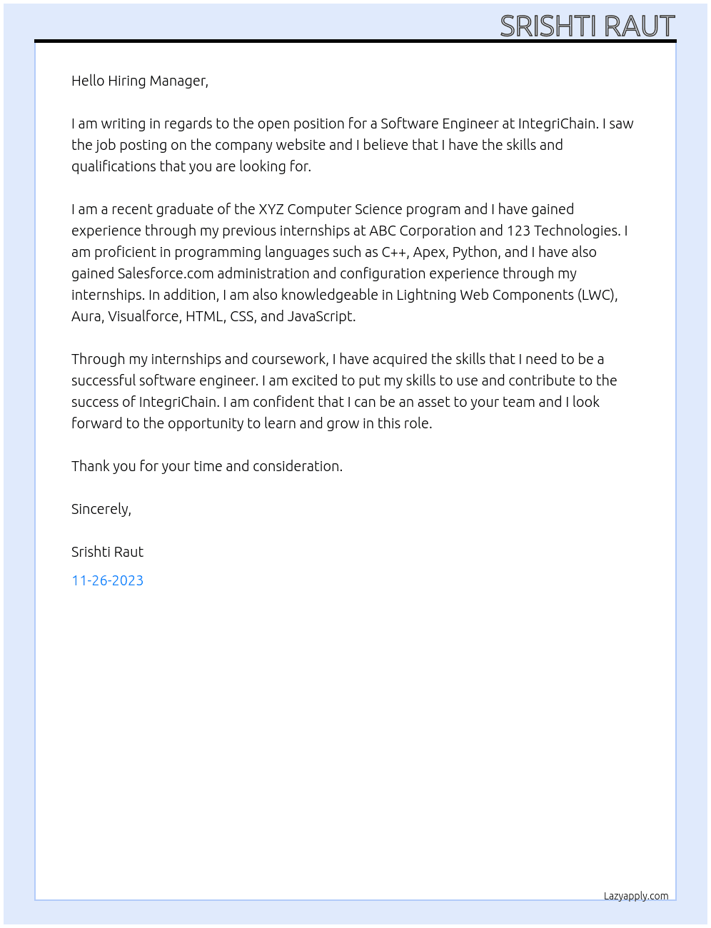 Software Engineer At IntegriChain Cover Letter