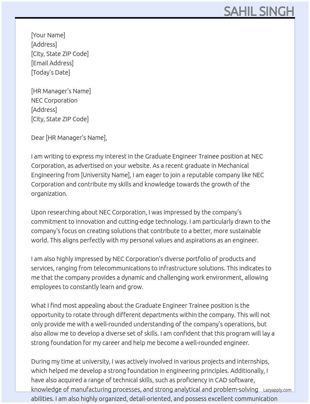 Graduate engineer trainee At NEC corporation  Cover Letter