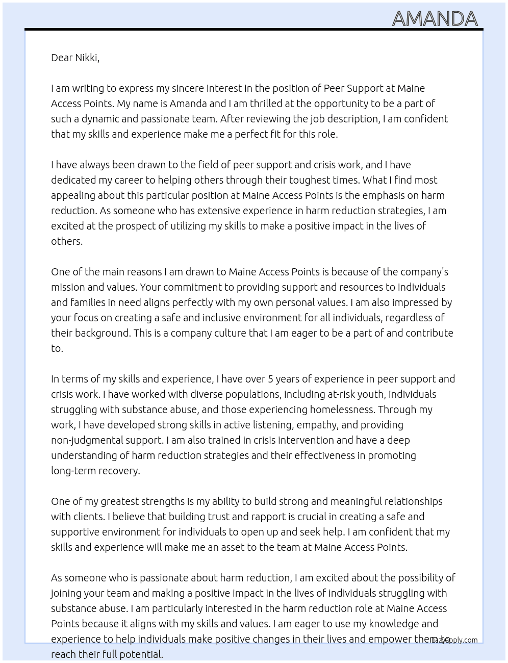 Peer support  At Maine Access Points  Cover Letter