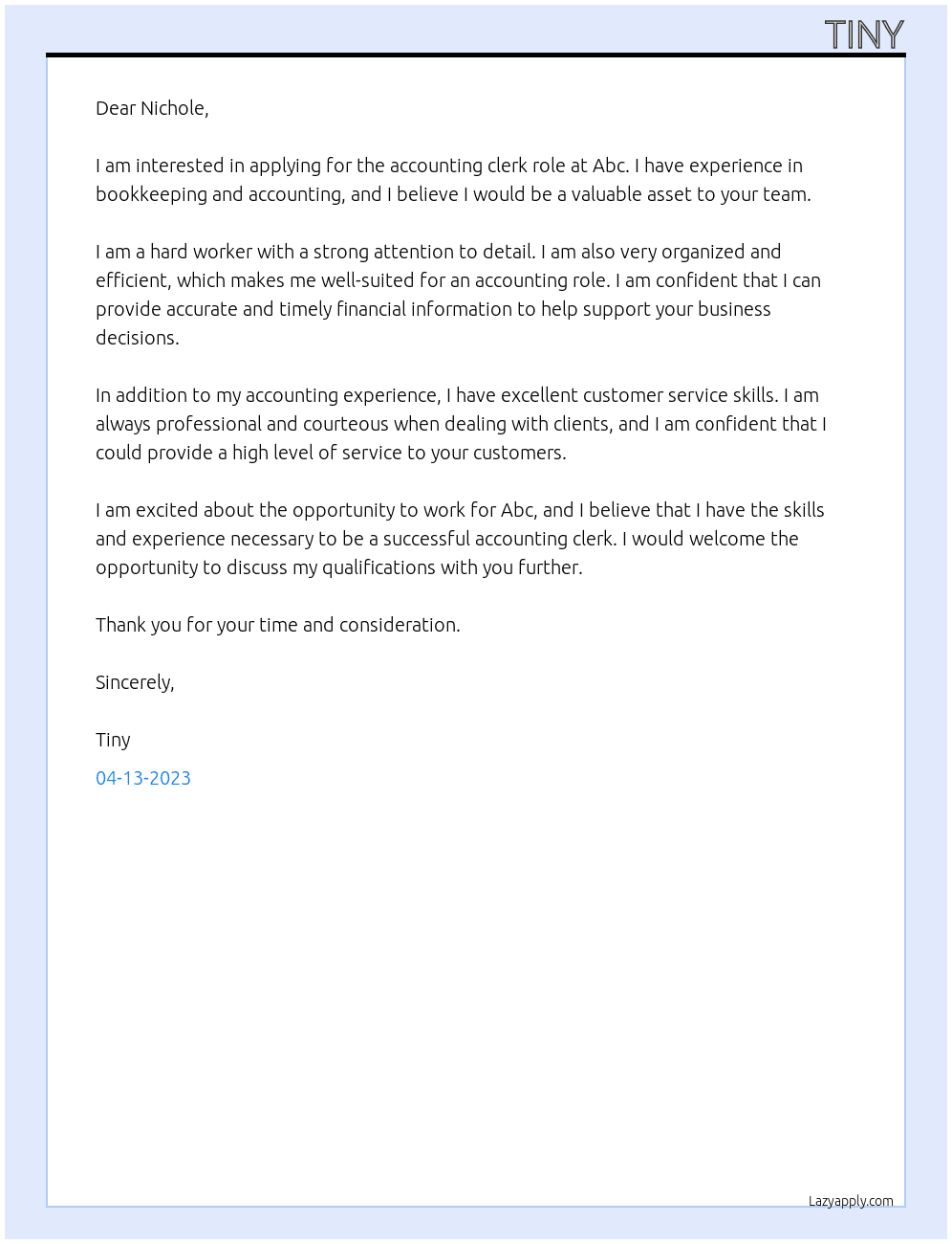 Accounting Clerk At Abc Cover Letter