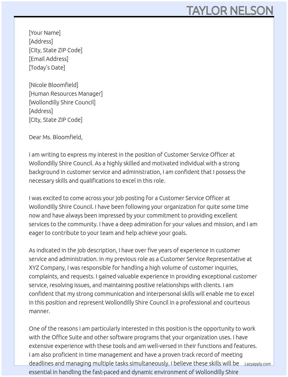 Customer Service Officer At Wollondilly Shire Council Cover Letter