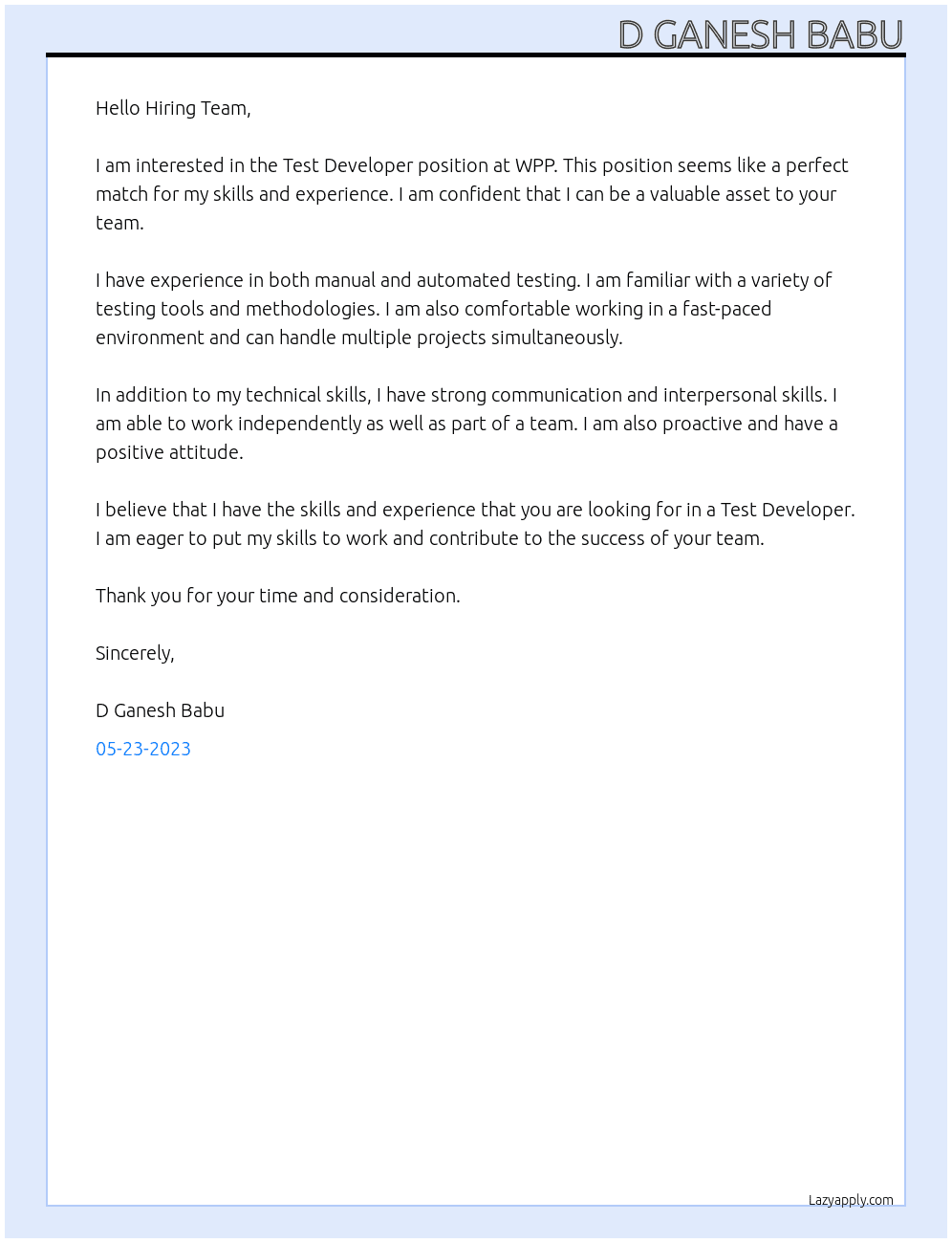 Test Developer At WPP Cover Letter