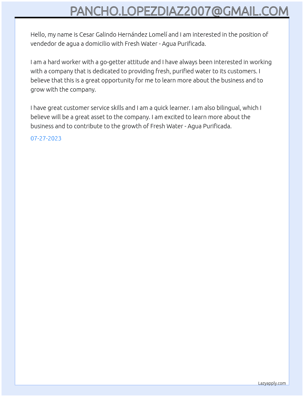 vendedor de agua a domicilio At Fresh Water - Agua Purificada  Cover Letter
