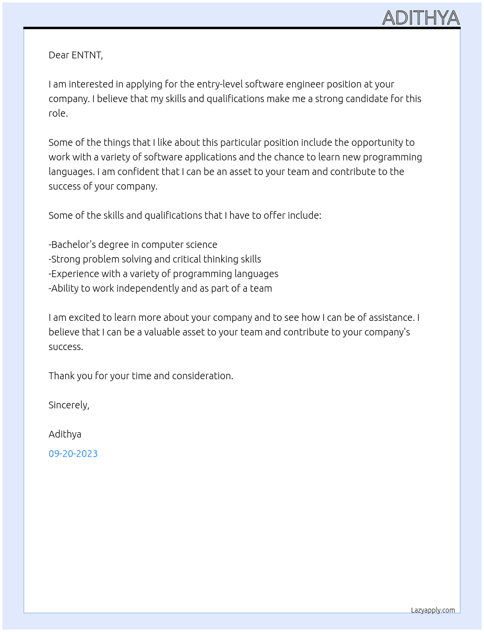 Entry-level Software Engineer At ENTNT Cover Letter