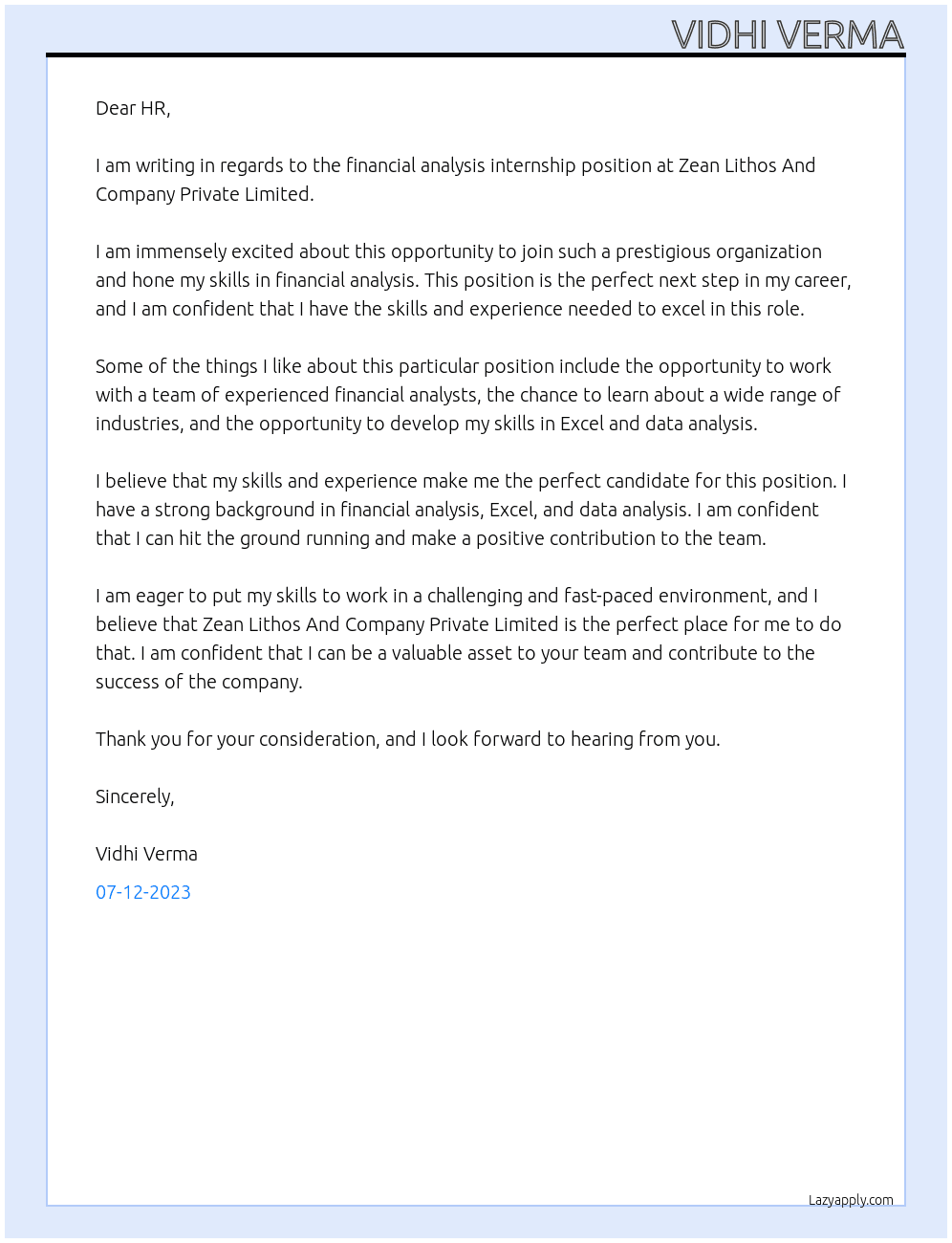 Cover letter for financial analysis internship - LazyApply