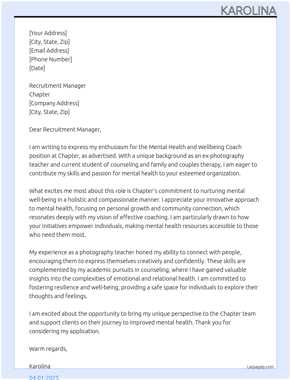 Mental Health and Welbeing coach At Chapter Cover Letter