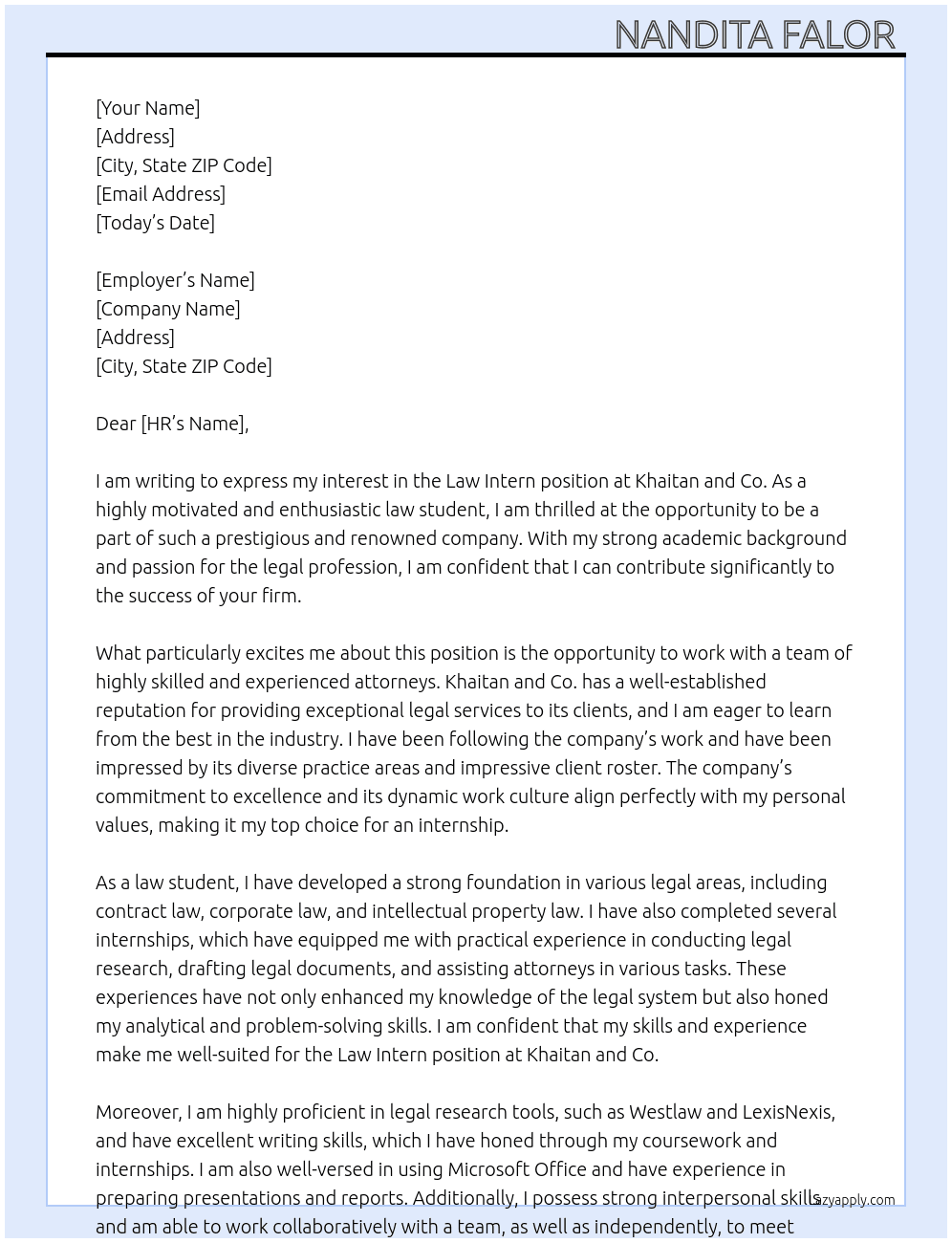 law intern At khaitan and co. Cover Letter
